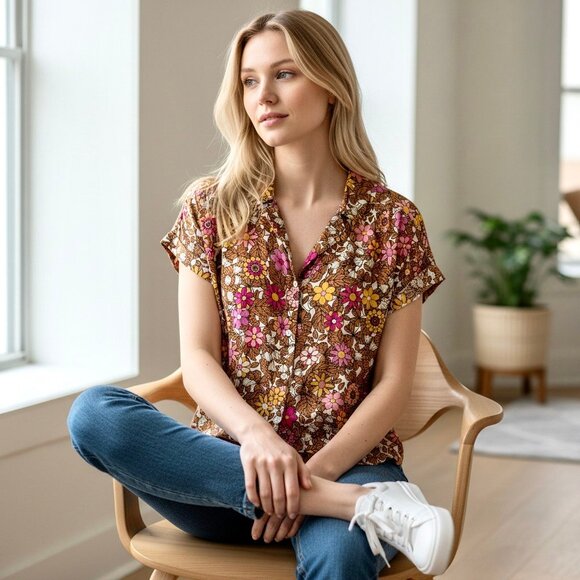 Jane & Delancey Blouse Top Button Down Gold Metallic Thread Anthropologie - Picture 2 of 9